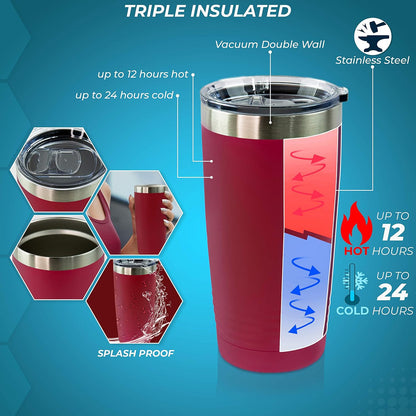Personalized Stainless Steel Vacuum Double Insulated Travel Tumbler Coffee Mug w/Splash Proof Slider Lid| Custom Laser Engraved 44 Options | Hot & Cold Drink Use (Maroon-Custom, 20oz)