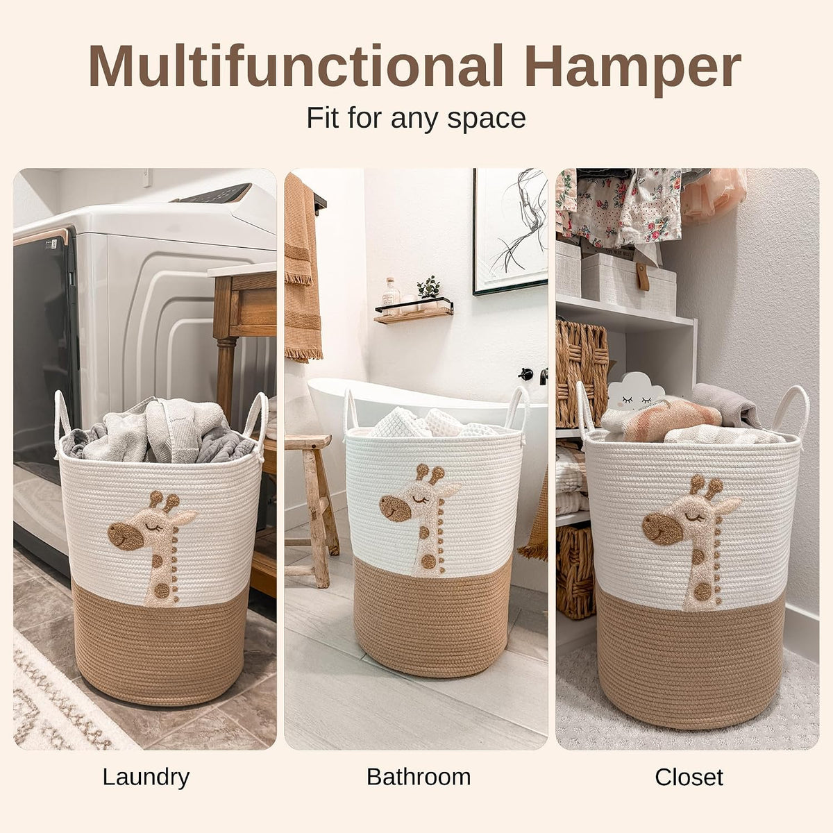 Giraffe Baby Laundry Basket, Tall Woven Rope Nursery Hamper, 20x15 in