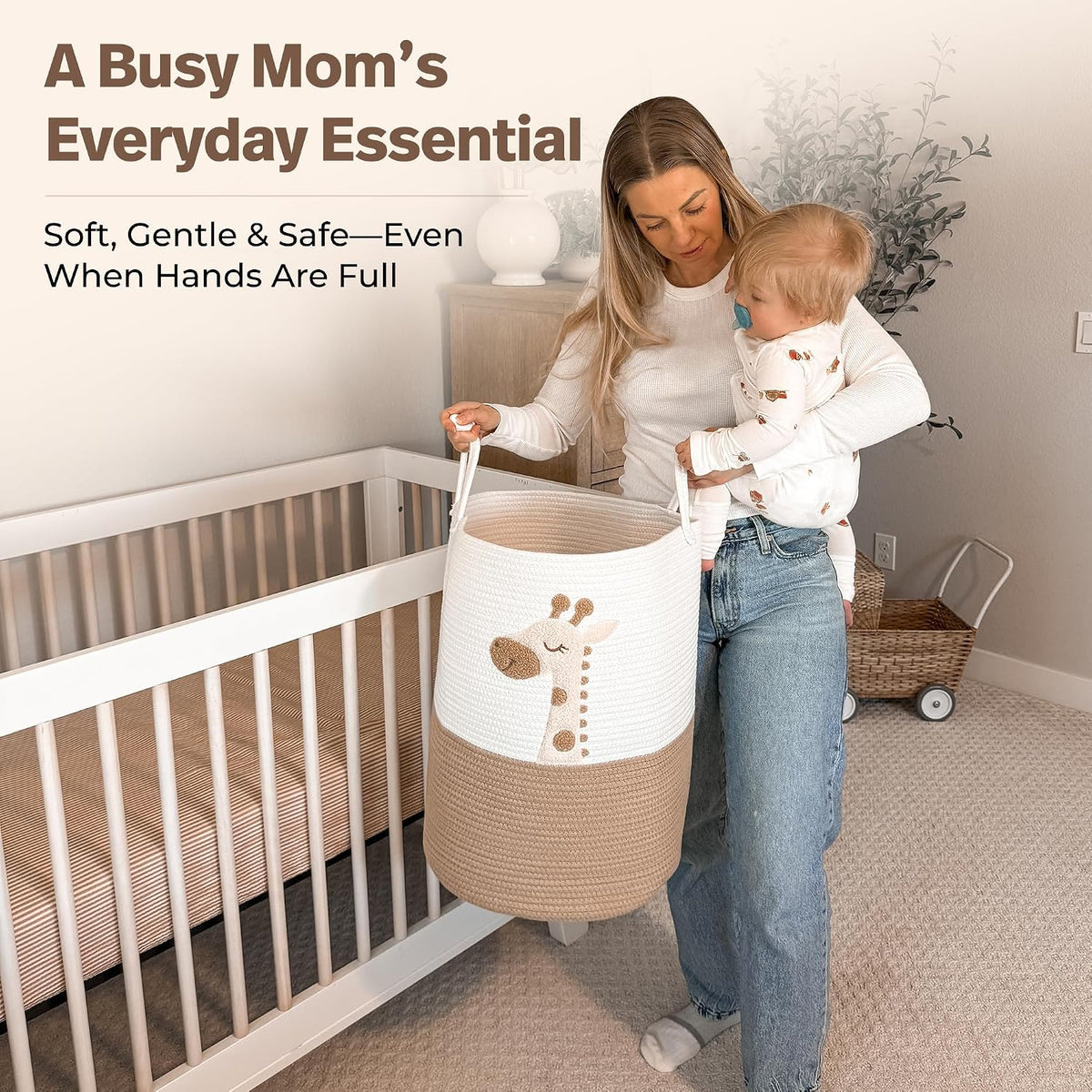 Giraffe Baby Laundry Basket, Tall Woven Rope Nursery Hamper, 20x15 in