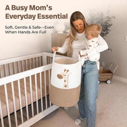 Giraffe Baby Laundry Basket, Tall Woven Rope Nursery Hamper, 20x15 in