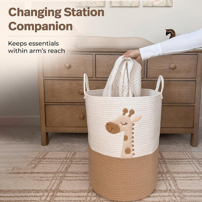 Giraffe Baby Laundry Basket, Tall Woven Rope Nursery Hamper, 20x15 in