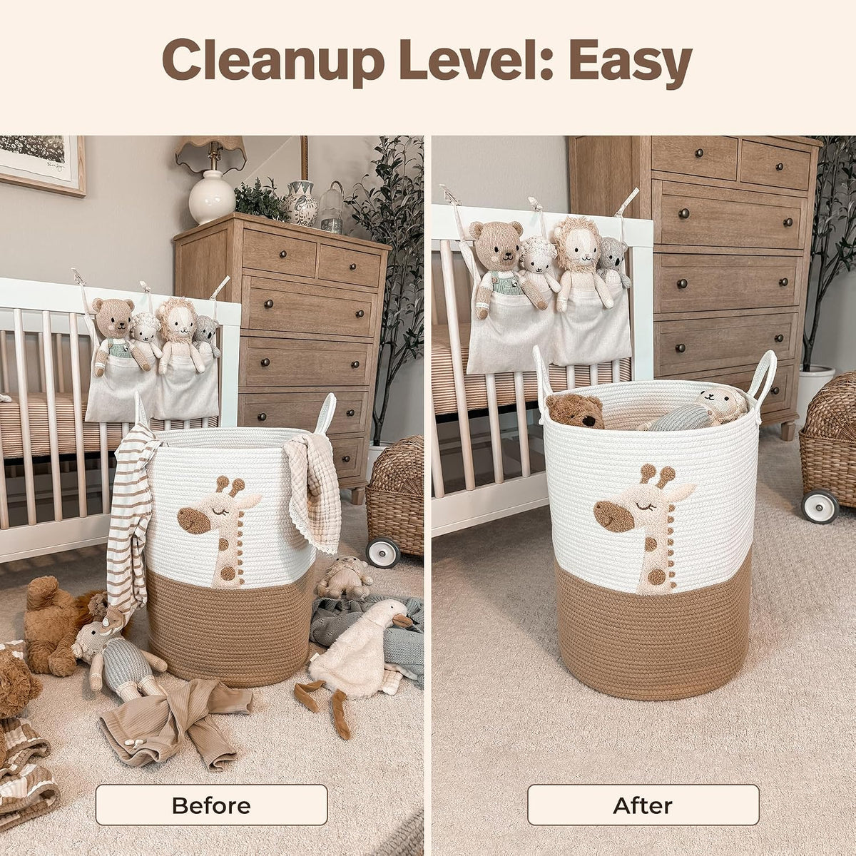Giraffe Baby Laundry Basket, Tall Woven Rope Nursery Hamper, 20x15 in