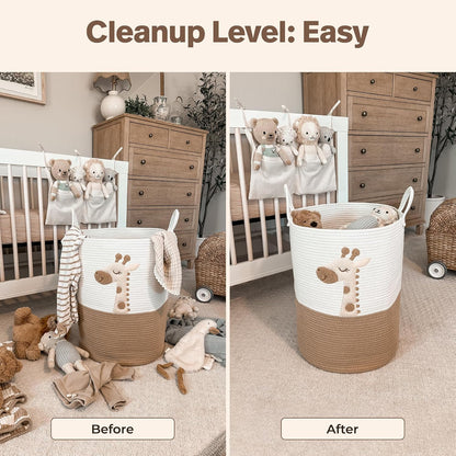 Giraffe Baby Laundry Basket, Tall Woven Rope Nursery Hamper, 20x15 in