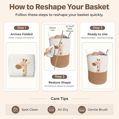 Giraffe Baby Laundry Basket, Tall Woven Rope Nursery Hamper, 20x15 in