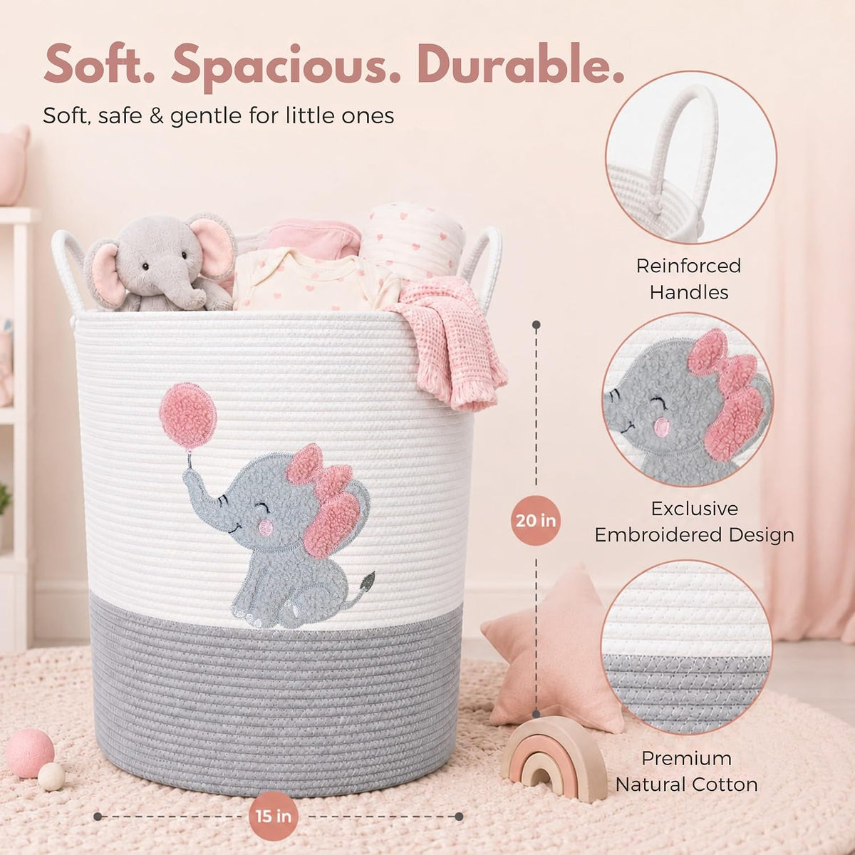 Giraffe Baby Laundry Basket, Tall Woven Rope Nursery Hamper, 20x15 in