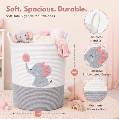 Giraffe Baby Laundry Basket, Tall Woven Rope Nursery Hamper, 20x15 in
