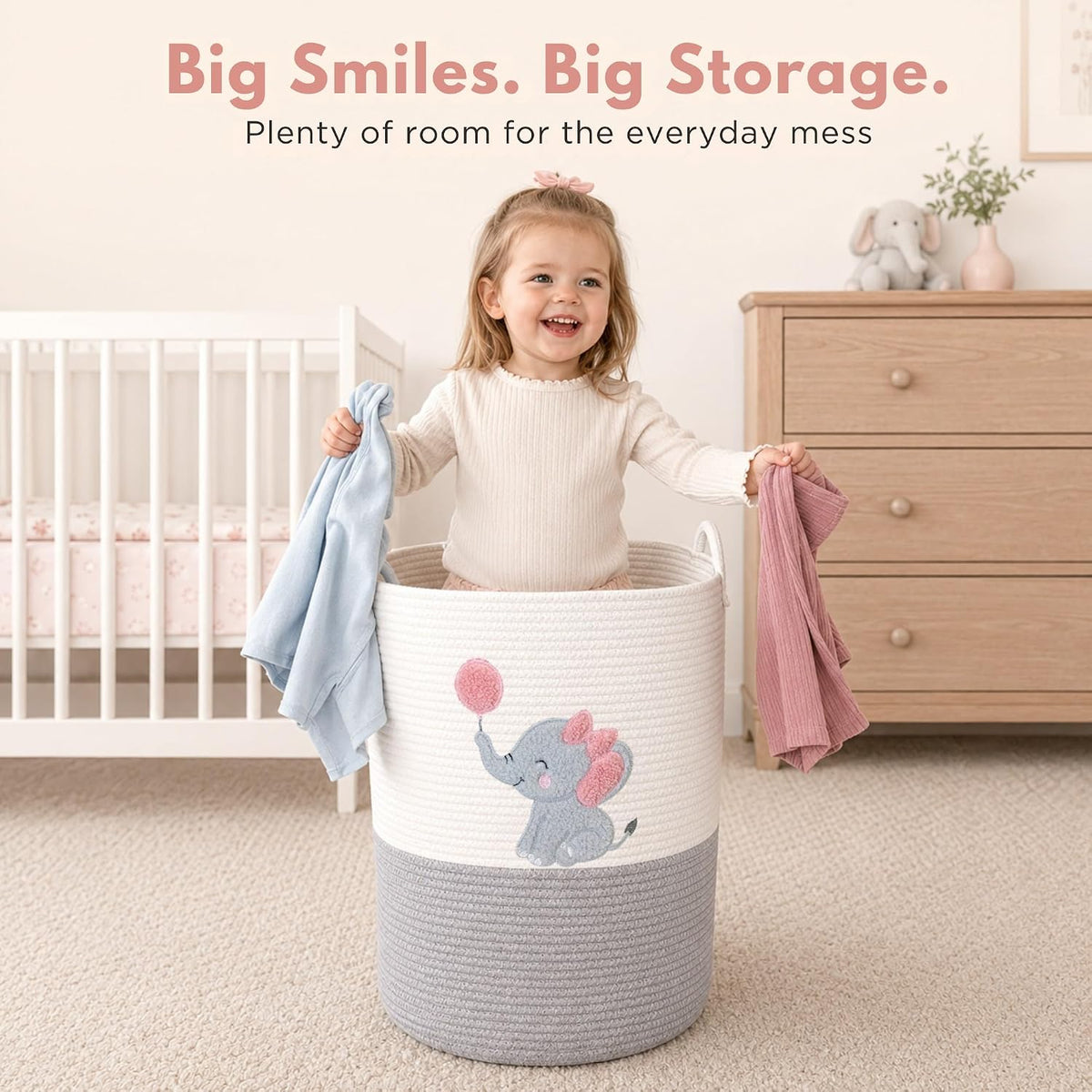Giraffe Baby Laundry Basket, Tall Woven Rope Nursery Hamper, 20x15 in