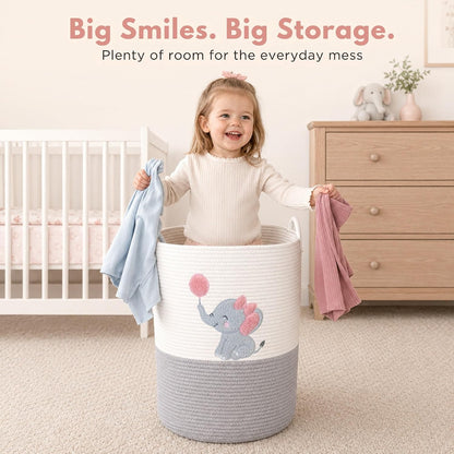 Giraffe Baby Laundry Basket, Tall Woven Rope Nursery Hamper, 20x15 in