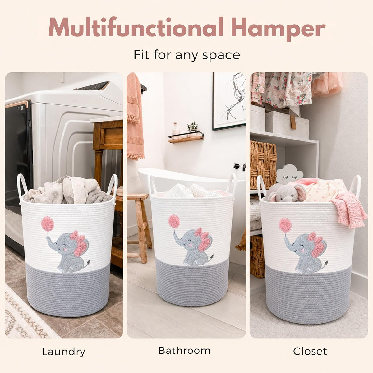 Giraffe Baby Laundry Basket, Tall Woven Rope Nursery Hamper, 20x15 in