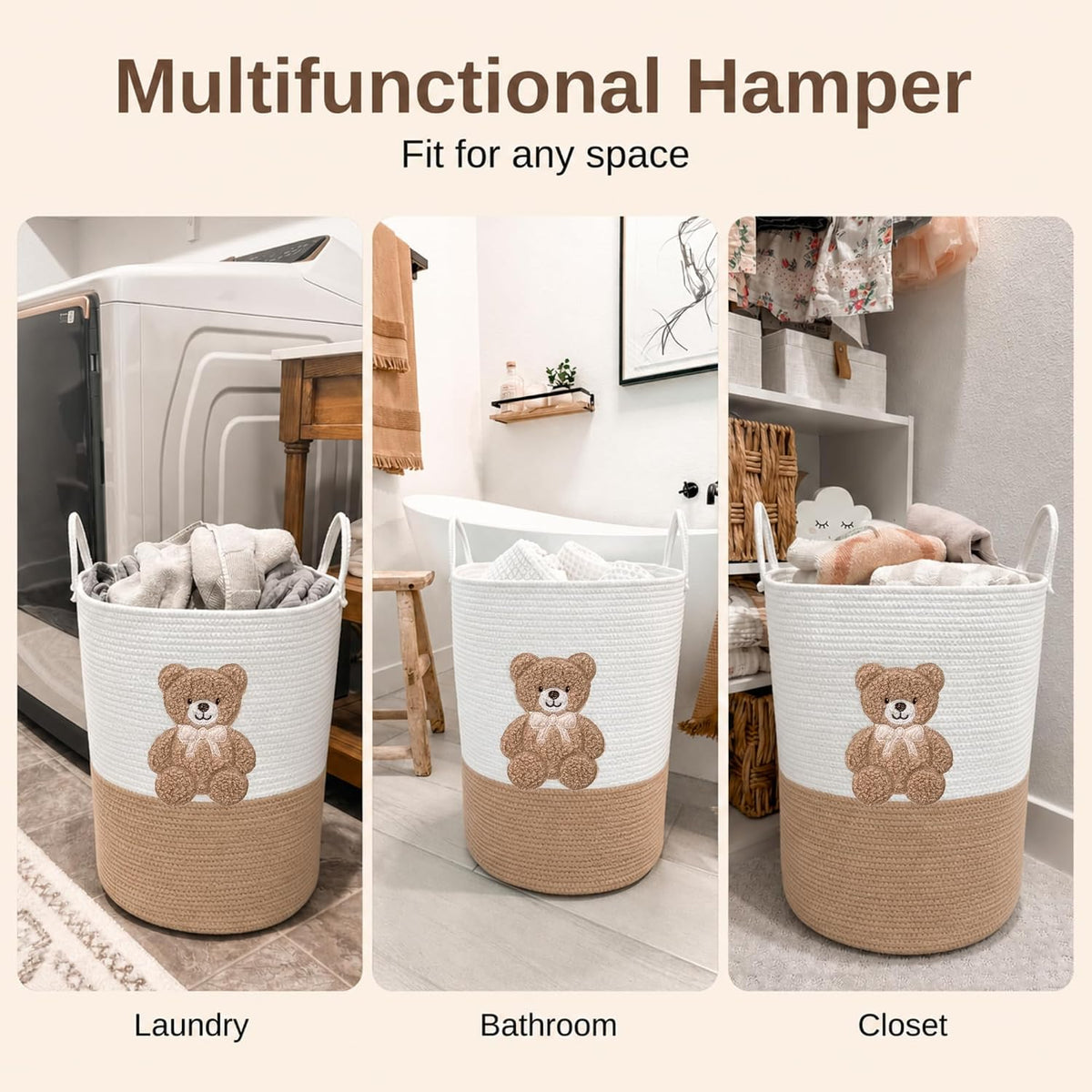 Giraffe Baby Laundry Basket, Tall Woven Rope Nursery Hamper, 20x15 in