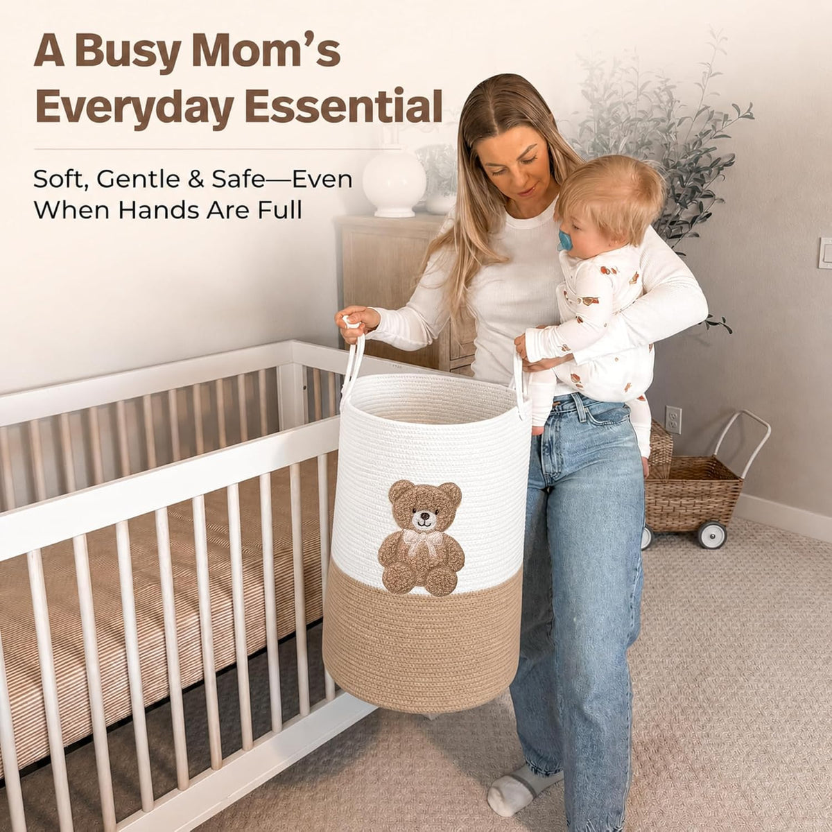 Giraffe Baby Laundry Basket, Tall Woven Rope Nursery Hamper, 20x15 in
