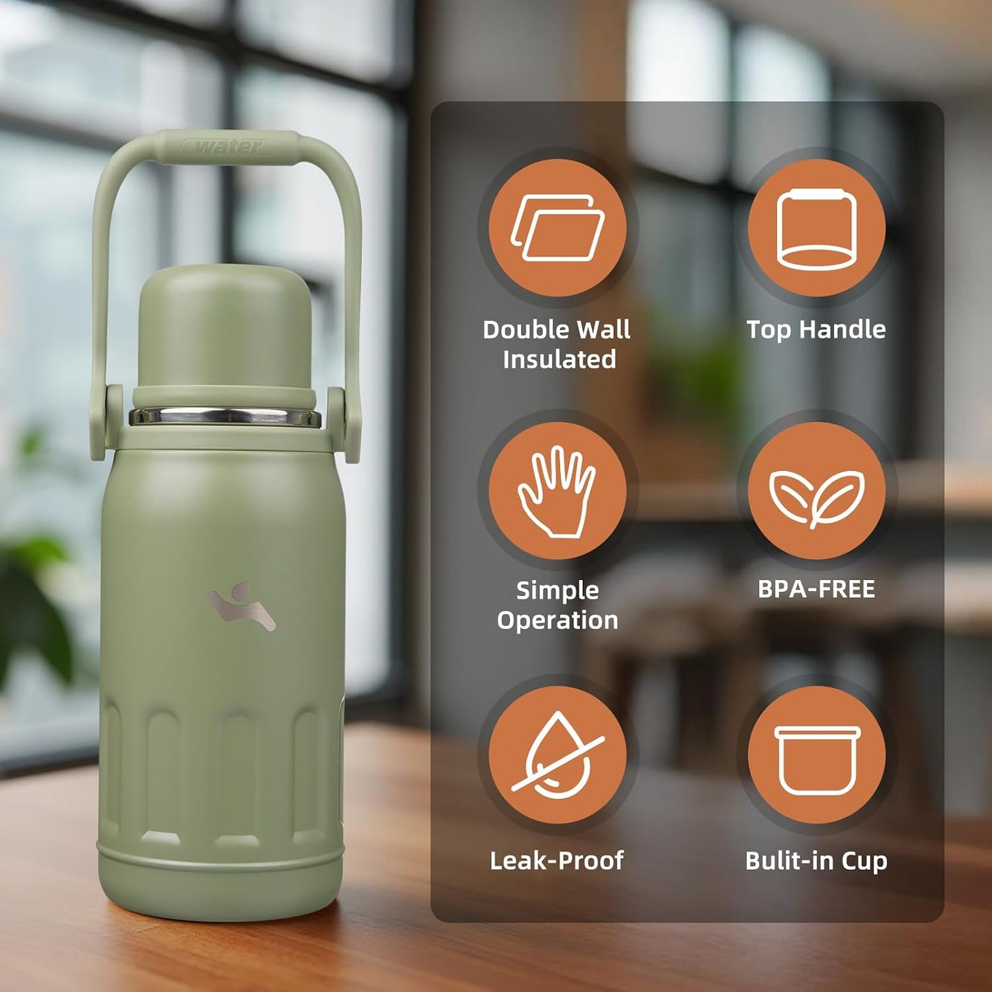 27oz Thermos for Cold Drinks, Insulated Water Bottle, Blue Haze | Stainless steel, BPA-free. Keeps hot 12h, cold 24h. Leak-proof with handle, strap & cup lid for coffee, tea, travel, outdoor