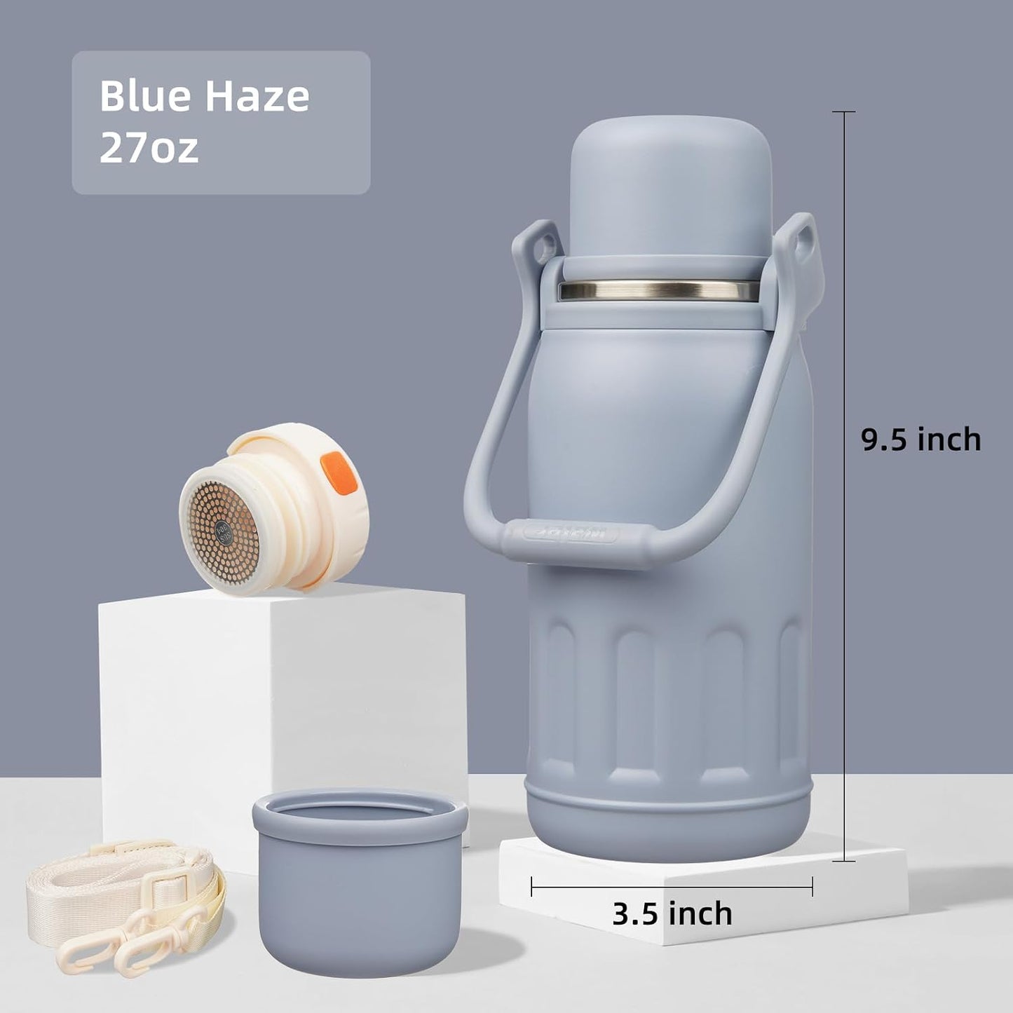 27oz Thermos for Cold Drinks, Insulated Water Bottle, Blue Haze | Stainless steel, BPA-free. Keeps hot 12h, cold 24h. Leak-proof with handle, strap & cup lid for coffee, tea, travel, outdoor
