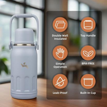 27oz Thermos for Cold Drinks, Insulated Water Bottle, Blue Haze | Stainless steel, BPA-free. Keeps hot 12h, cold 24h. Leak-proof with handle, strap & cup lid for coffee, tea, travel, outdoor