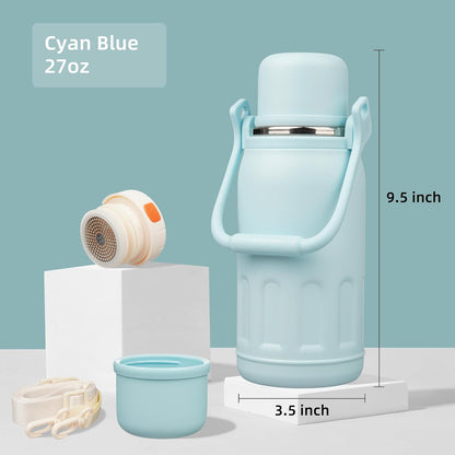 27oz Thermos for Cold Drinks, Insulated Water Bottle, Blue Haze | Stainless steel, BPA-free. Keeps hot 12h, cold 24h. Leak-proof with handle, strap & cup lid for coffee, tea, travel, outdoor