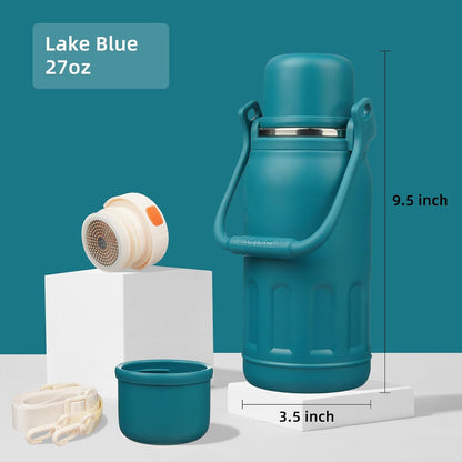 27oz Thermos for Cold Drinks, Insulated Water Bottle, Blue Haze | Stainless steel, BPA-free. Keeps hot 12h, cold 24h. Leak-proof with handle, strap & cup lid for coffee, tea, travel, outdoor
