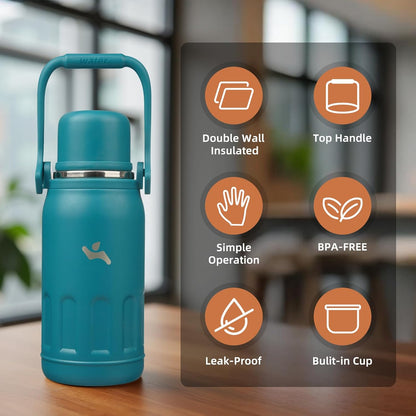 27oz Thermos for Cold Drinks, Insulated Water Bottle, Blue Haze | Stainless steel, BPA-free. Keeps hot 12h, cold 24h. Leak-proof with handle, strap & cup lid for coffee, tea, travel, outdoor