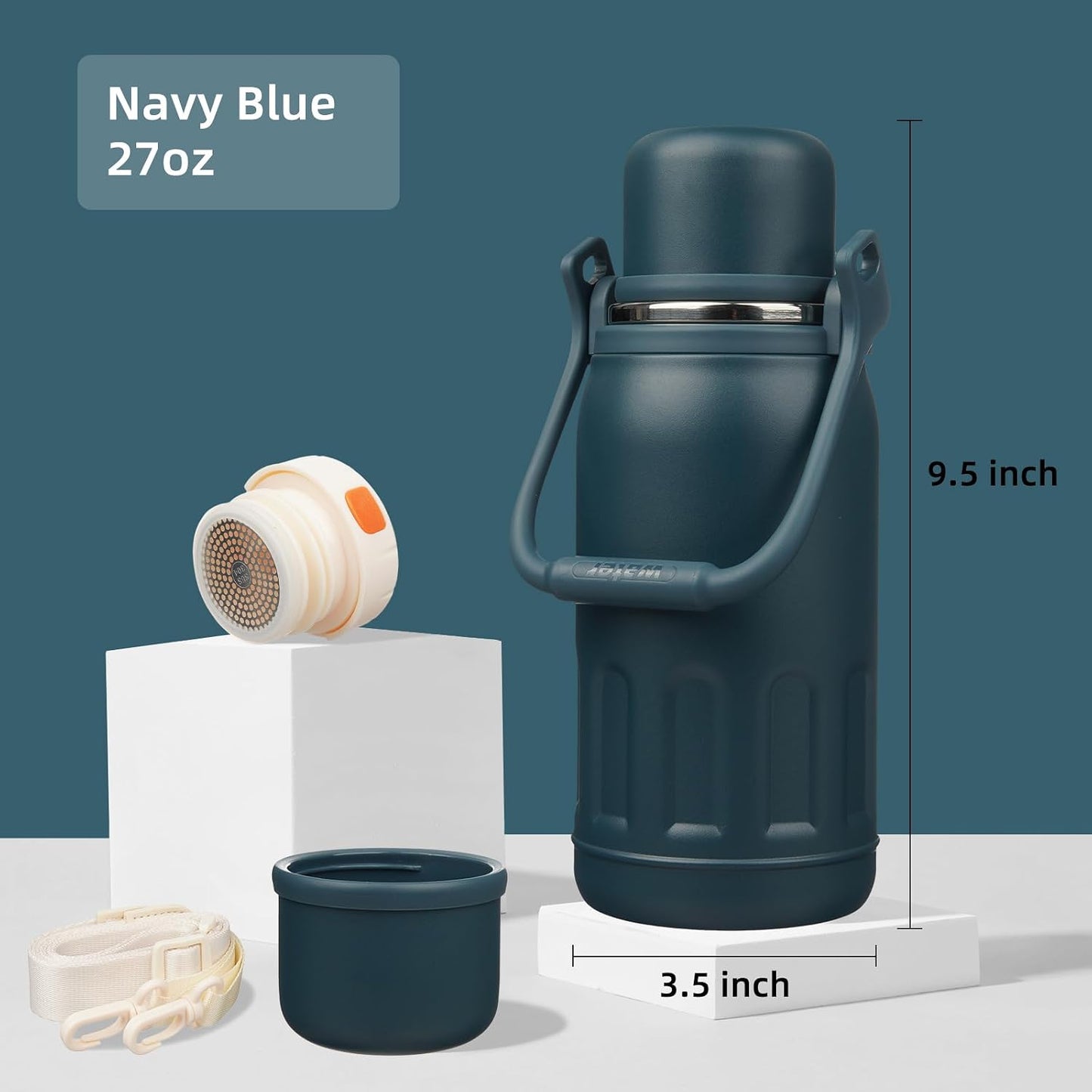 27oz Thermos for Cold Drinks, Insulated Water Bottle, Blue Haze | Stainless steel, BPA-free. Keeps hot 12h, cold 24h. Leak-proof with handle, strap & cup lid for coffee, tea, travel, outdoor