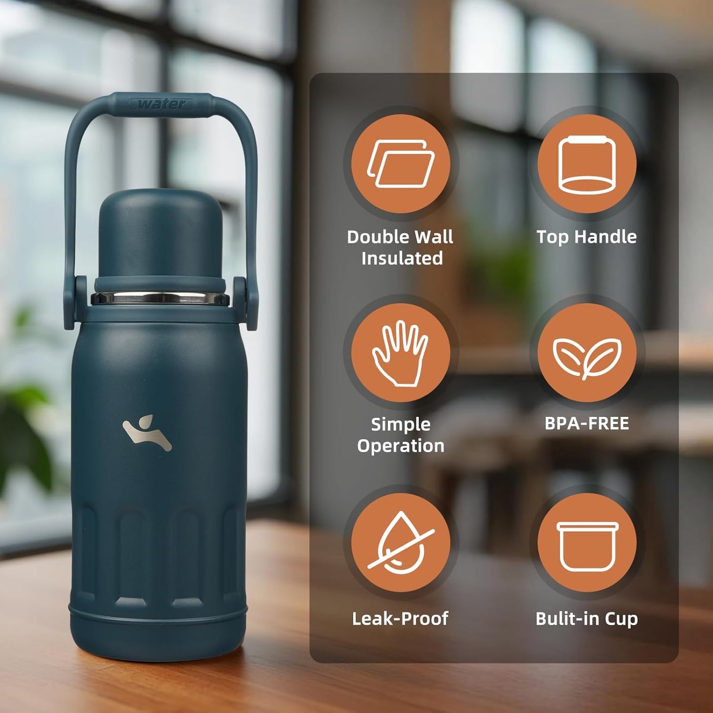 27oz Thermos for Cold Drinks, Insulated Water Bottle, Blue Haze | Stainless steel, BPA-free. Keeps hot 12h, cold 24h. Leak-proof with handle, strap & cup lid for coffee, tea, travel, outdoor