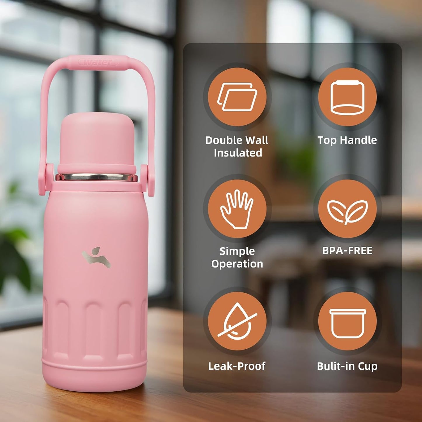 27oz Thermos for Cold Drinks, Insulated Water Bottle, Blue Haze | Stainless steel, BPA-free. Keeps hot 12h, cold 24h. Leak-proof with handle, strap & cup lid for coffee, tea, travel, outdoor