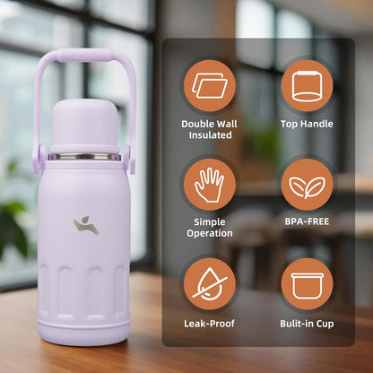 27oz Thermos for Cold Drinks, Insulated Water Bottle, Blue Haze | Stainless steel, BPA-free. Keeps hot 12h, cold 24h. Leak-proof with handle, strap & cup lid for coffee, tea, travel, outdoor