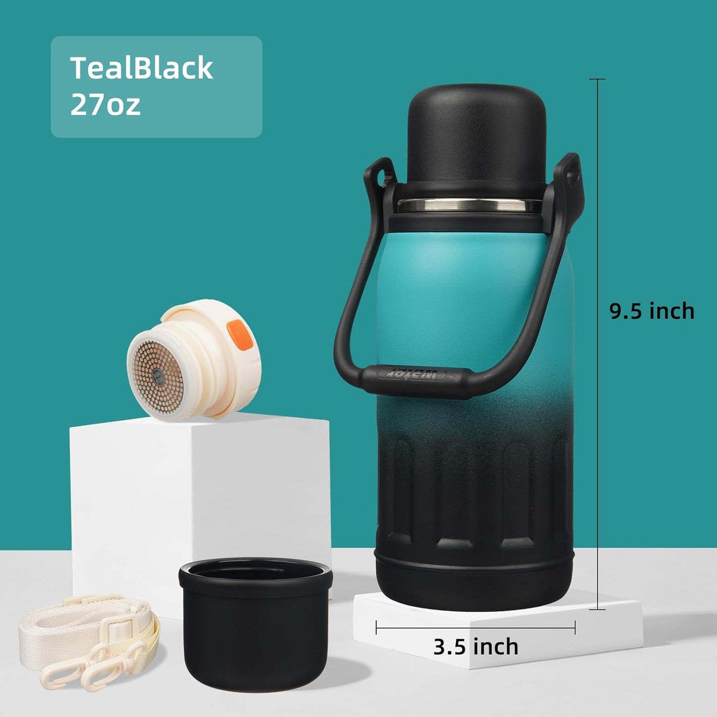 27oz Thermos for Cold Drinks, Insulated Water Bottle, Blue Haze | Stainless steel, BPA-free. Keeps hot 12h, cold 24h. Leak-proof with handle, strap & cup lid for coffee, tea, travel, outdoor