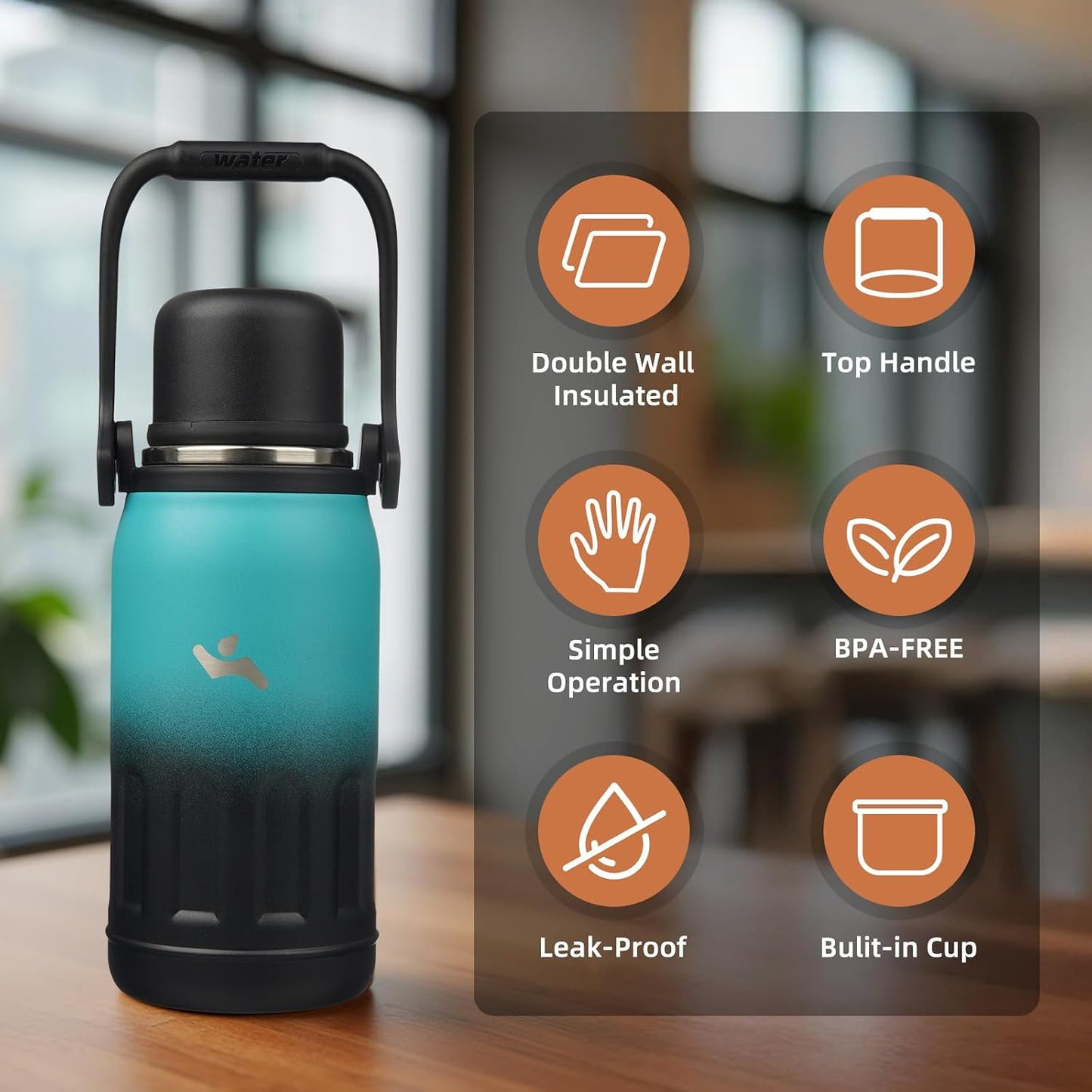 27oz Thermos for Cold Drinks, Insulated Water Bottle, Blue Haze | Stainless steel, BPA-free. Keeps hot 12h, cold 24h. Leak-proof with handle, strap & cup lid for coffee, tea, travel, outdoor