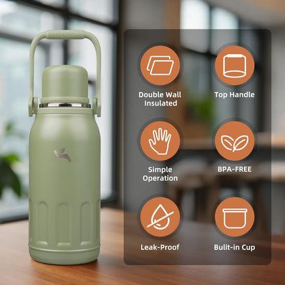 27oz Thermos for Cold Drinks, Insulated Water Bottle, Blue Haze | Stainless steel, BPA-free. Keeps hot 12h, cold 24h. Leak-proof with handle, strap & cup lid for coffee, tea, travel, outdoor