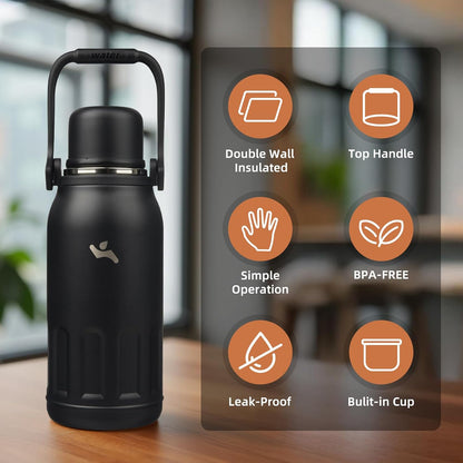27oz Thermos for Cold Drinks, Insulated Water Bottle, Blue Haze | Stainless steel, BPA-free. Keeps hot 12h, cold 24h. Leak-proof with handle, strap & cup lid for coffee, tea, travel, outdoor