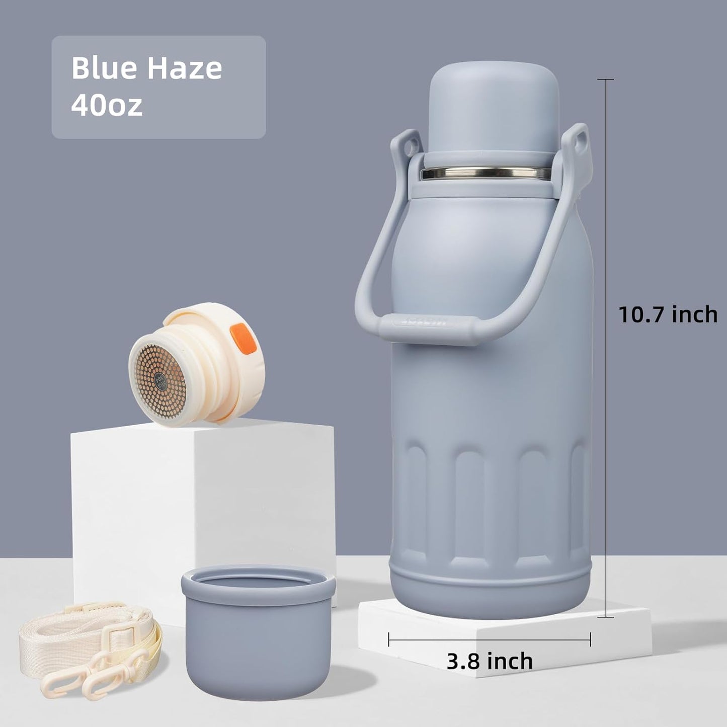 27oz Thermos for Cold Drinks, Insulated Water Bottle, Blue Haze | Stainless steel, BPA-free. Keeps hot 12h, cold 24h. Leak-proof with handle, strap & cup lid for coffee, tea, travel, outdoor