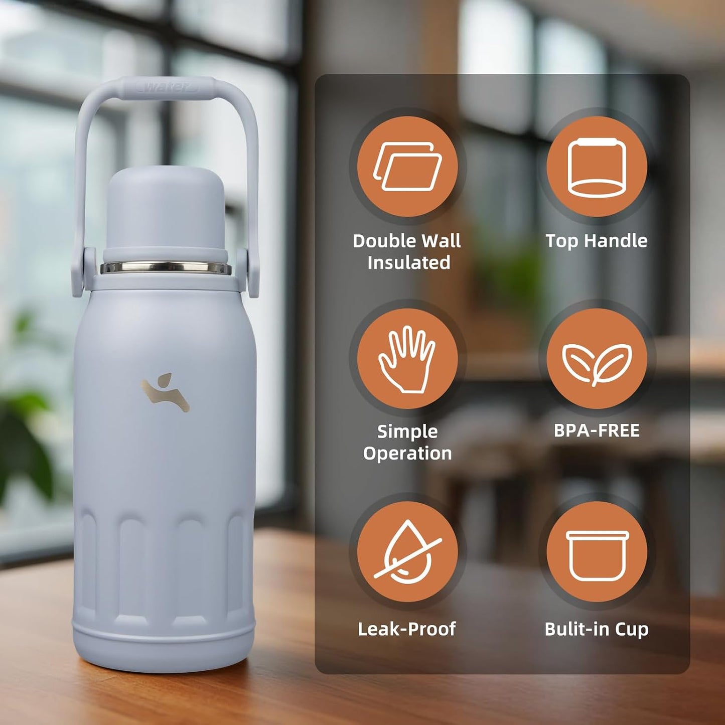 27oz Thermos for Cold Drinks, Insulated Water Bottle, Blue Haze | Stainless steel, BPA-free. Keeps hot 12h, cold 24h. Leak-proof with handle, strap & cup lid for coffee, tea, travel, outdoor