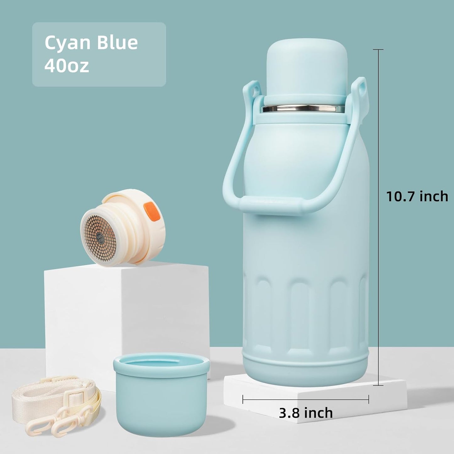 27oz Thermos for Cold Drinks, Insulated Water Bottle, Blue Haze | Stainless steel, BPA-free. Keeps hot 12h, cold 24h. Leak-proof with handle, strap & cup lid for coffee, tea, travel, outdoor