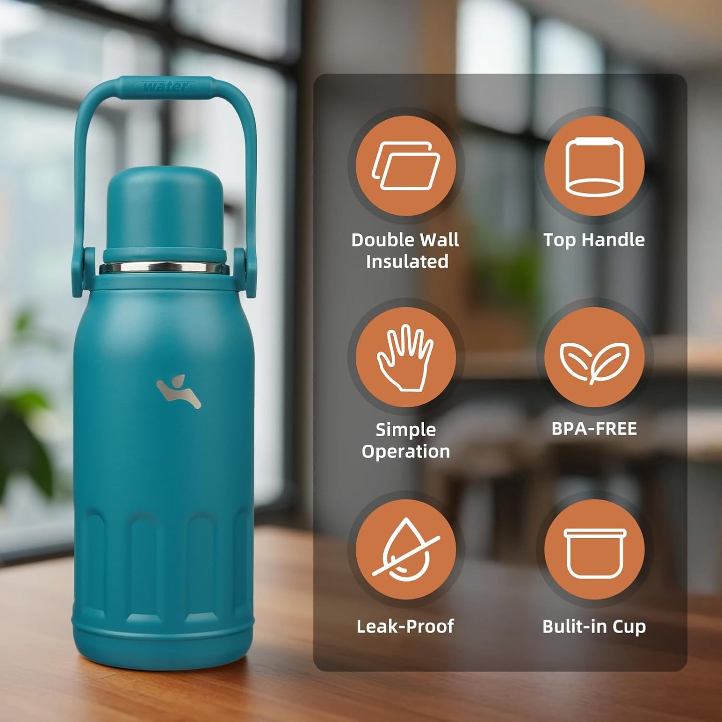 27oz Thermos for Cold Drinks, Insulated Water Bottle, Blue Haze | Stainless steel, BPA-free. Keeps hot 12h, cold 24h. Leak-proof with handle, strap & cup lid for coffee, tea, travel, outdoor