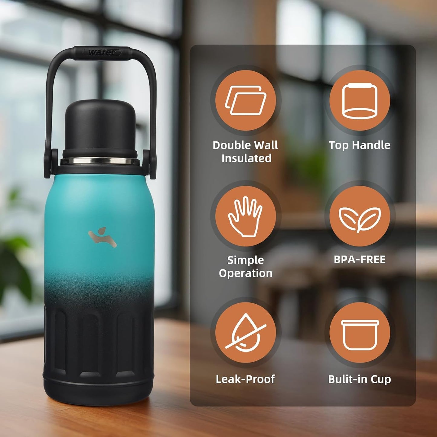 27oz Thermos for Cold Drinks, Insulated Water Bottle, Blue Haze | Stainless steel, BPA-free. Keeps hot 12h, cold 24h. Leak-proof with handle, strap & cup lid for coffee, tea, travel, outdoor