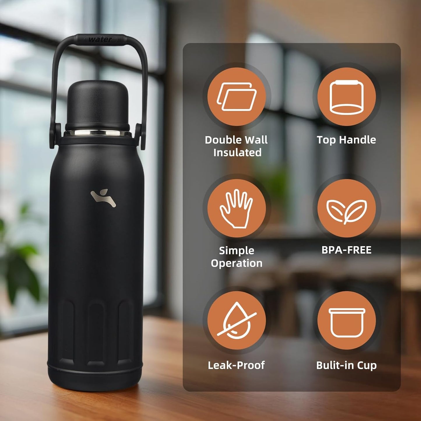 27oz Thermos for Cold Drinks, Insulated Water Bottle, Blue Haze | Stainless steel, BPA-free. Keeps hot 12h, cold 24h. Leak-proof with handle, strap & cup lid for coffee, tea, travel, outdoor