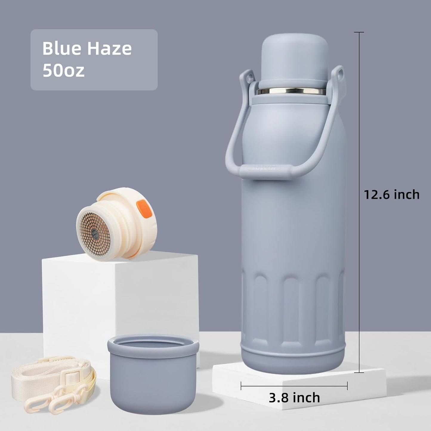 27oz Thermos for Cold Drinks, Insulated Water Bottle, Blue Haze | Stainless steel, BPA-free. Keeps hot 12h, cold 24h. Leak-proof with handle, strap & cup lid for coffee, tea, travel, outdoor