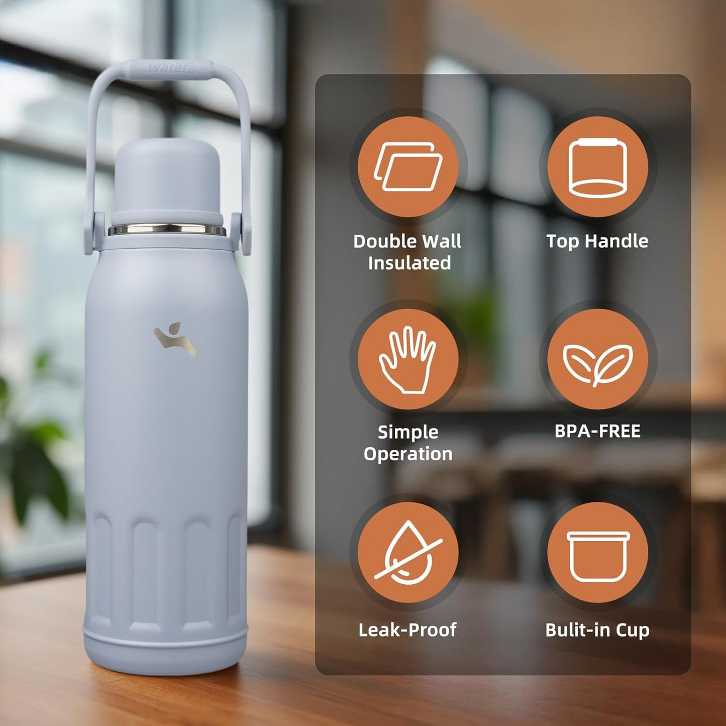 27oz Thermos for Cold Drinks, Insulated Water Bottle, Blue Haze | Stainless steel, BPA-free. Keeps hot 12h, cold 24h. Leak-proof with handle, strap & cup lid for coffee, tea, travel, outdoor