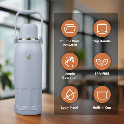 27oz Thermos for Cold Drinks, Insulated Water Bottle, Blue Haze | Stainless steel, BPA-free. Keeps hot 12h, cold 24h. Leak-proof with handle, strap & cup lid for coffee, tea, travel, outdoor