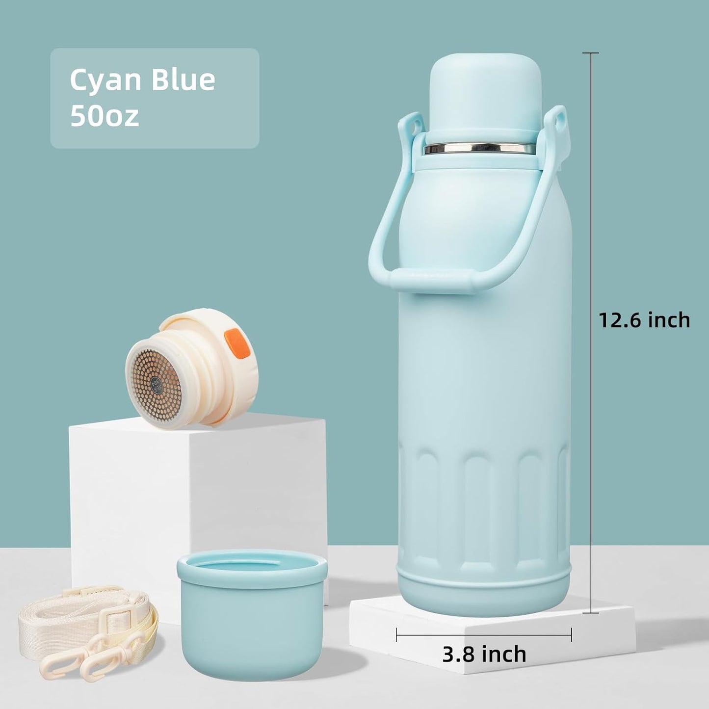 27oz Thermos for Cold Drinks, Insulated Water Bottle, Blue Haze | Stainless steel, BPA-free. Keeps hot 12h, cold 24h. Leak-proof with handle, strap & cup lid for coffee, tea, travel, outdoor