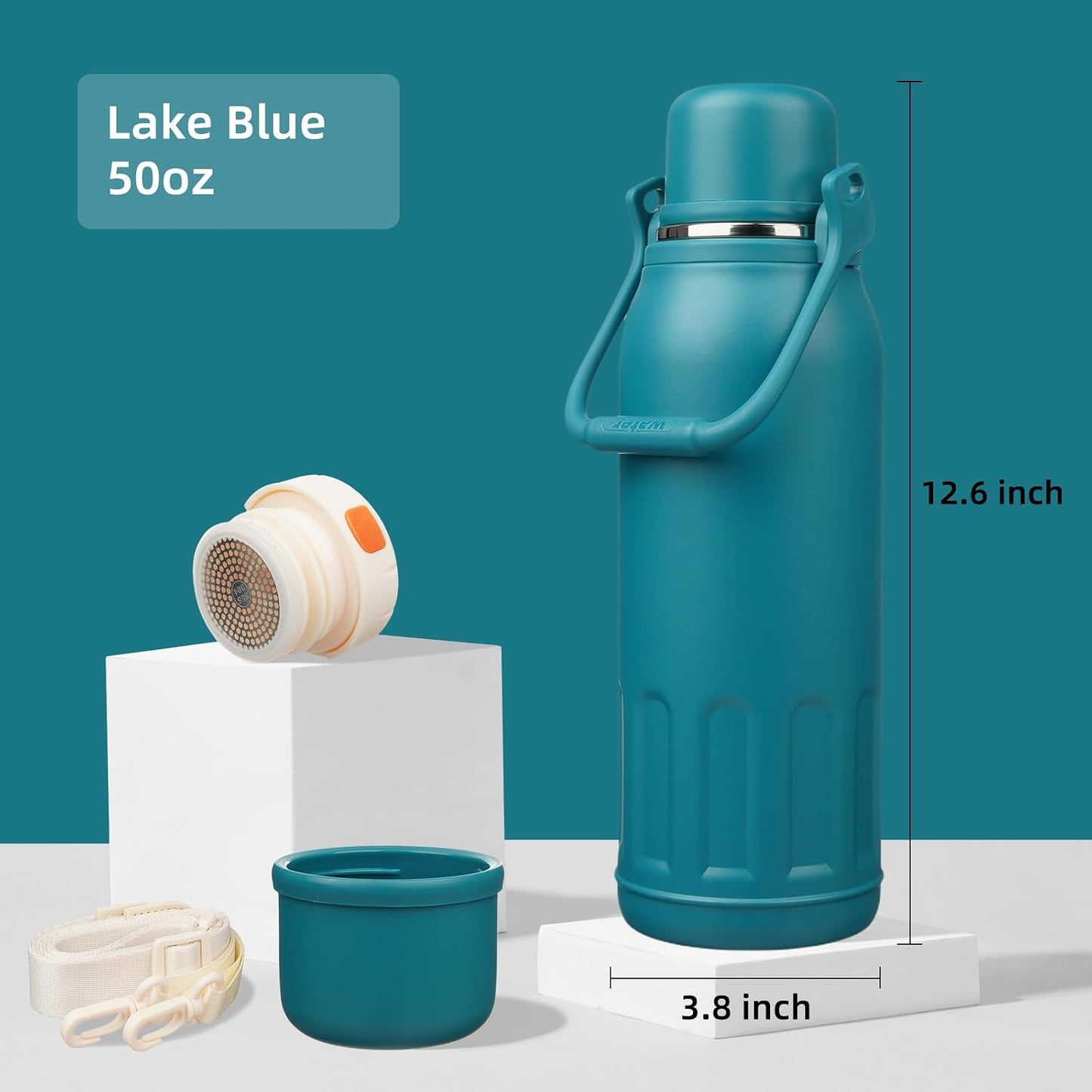 27oz Thermos for Cold Drinks, Insulated Water Bottle, Blue Haze | Stainless steel, BPA-free. Keeps hot 12h, cold 24h. Leak-proof with handle, strap & cup lid for coffee, tea, travel, outdoor