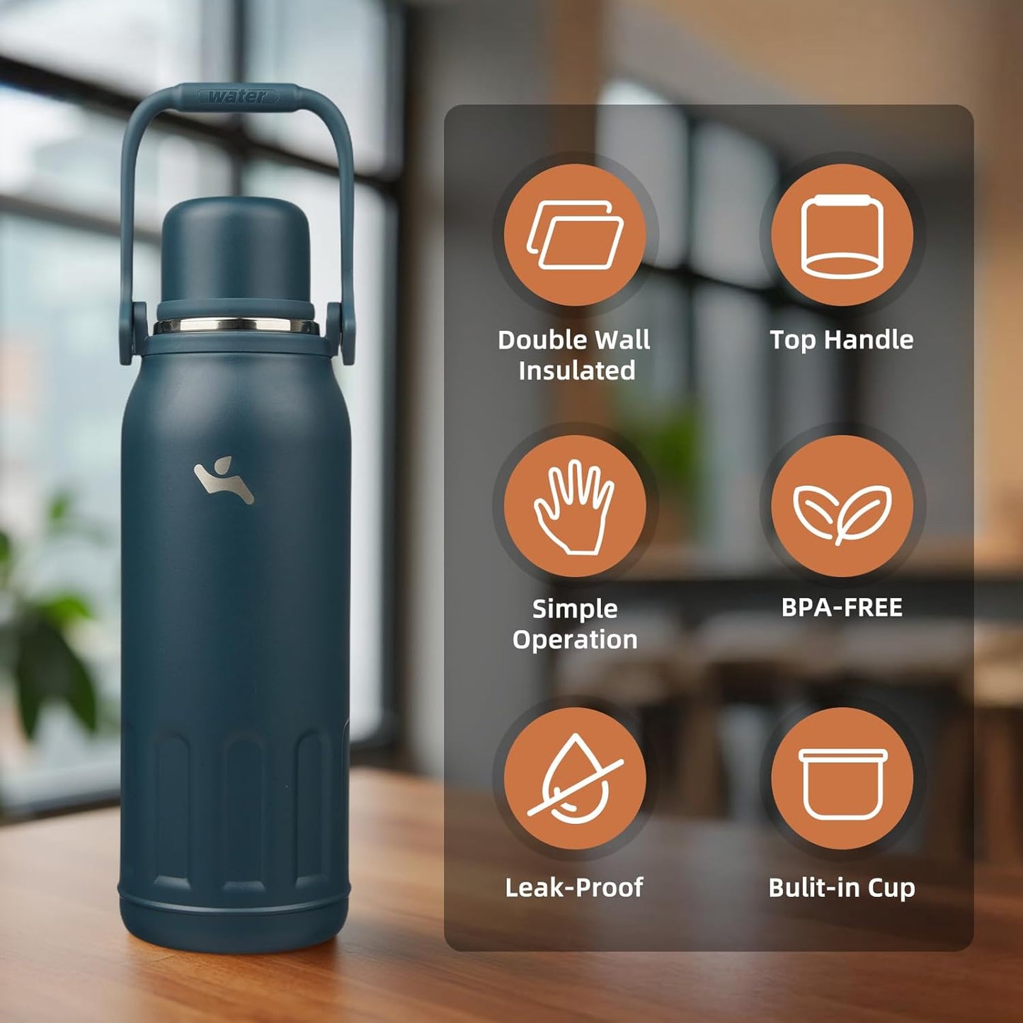27oz Thermos for Cold Drinks, Insulated Water Bottle, Blue Haze | Stainless steel, BPA-free. Keeps hot 12h, cold 24h. Leak-proof with handle, strap & cup lid for coffee, tea, travel, outdoor