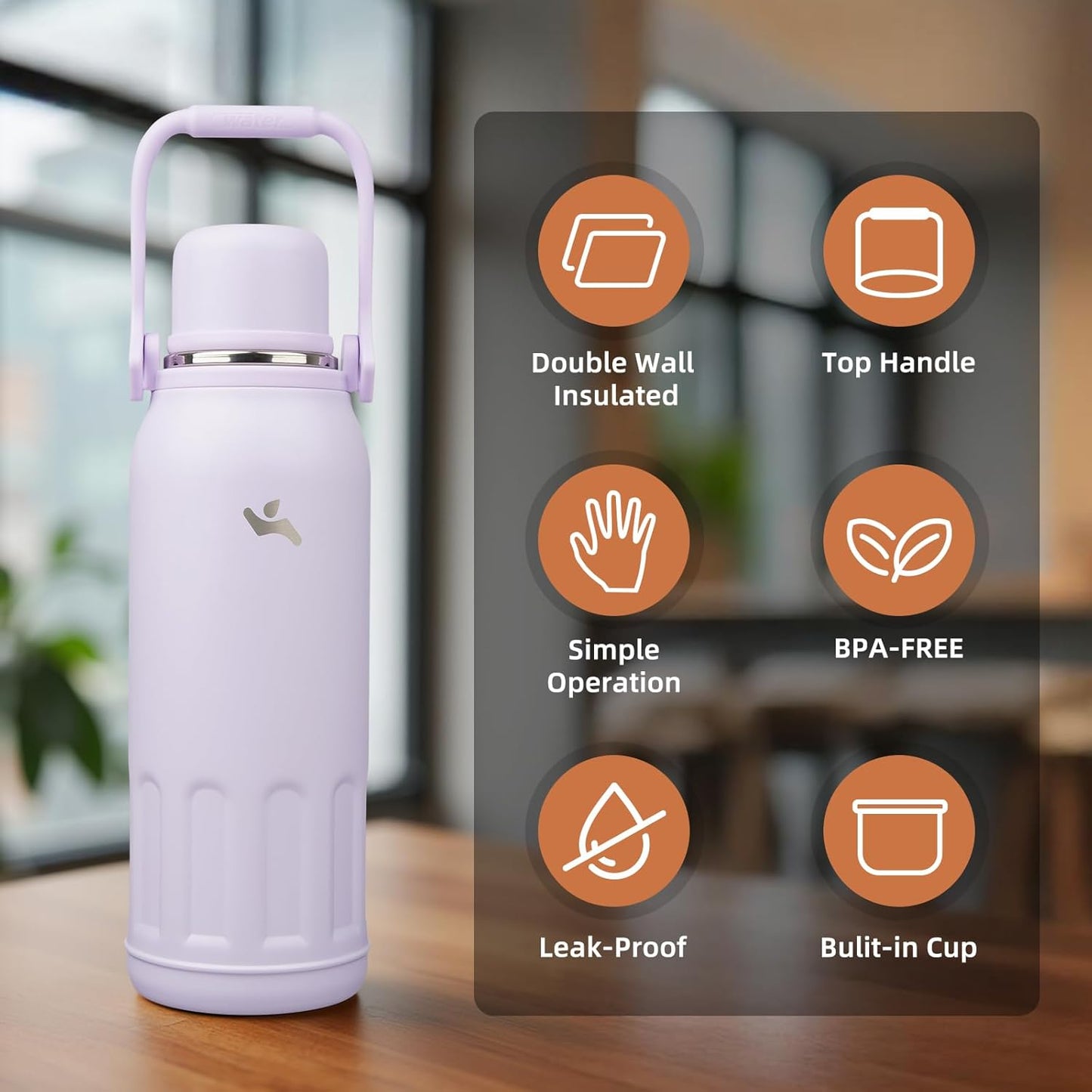 27oz Thermos for Cold Drinks, Insulated Water Bottle, Blue Haze | Stainless steel, BPA-free. Keeps hot 12h, cold 24h. Leak-proof with handle, strap & cup lid for coffee, tea, travel, outdoor