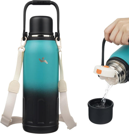 27oz Thermos for Cold Drinks, Insulated Water Bottle, Blue Haze | Stainless steel, BPA-free. Keeps hot 12h, cold 24h. Leak-proof with handle, strap & cup lid for coffee, tea, travel, outdoor