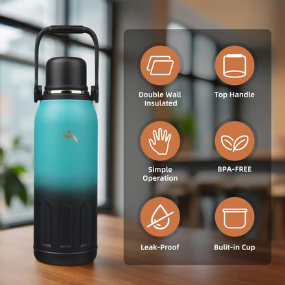 27oz Thermos for Cold Drinks, Insulated Water Bottle, Blue Haze | Stainless steel, BPA-free. Keeps hot 12h, cold 24h. Leak-proof with handle, strap & cup lid for coffee, tea, travel, outdoor