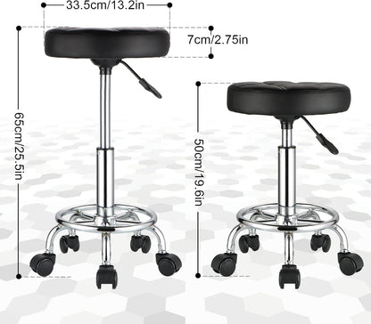 Round Rolling Stools PU Leather Seat Height Adjustable Swivel Stool with Wheels Black