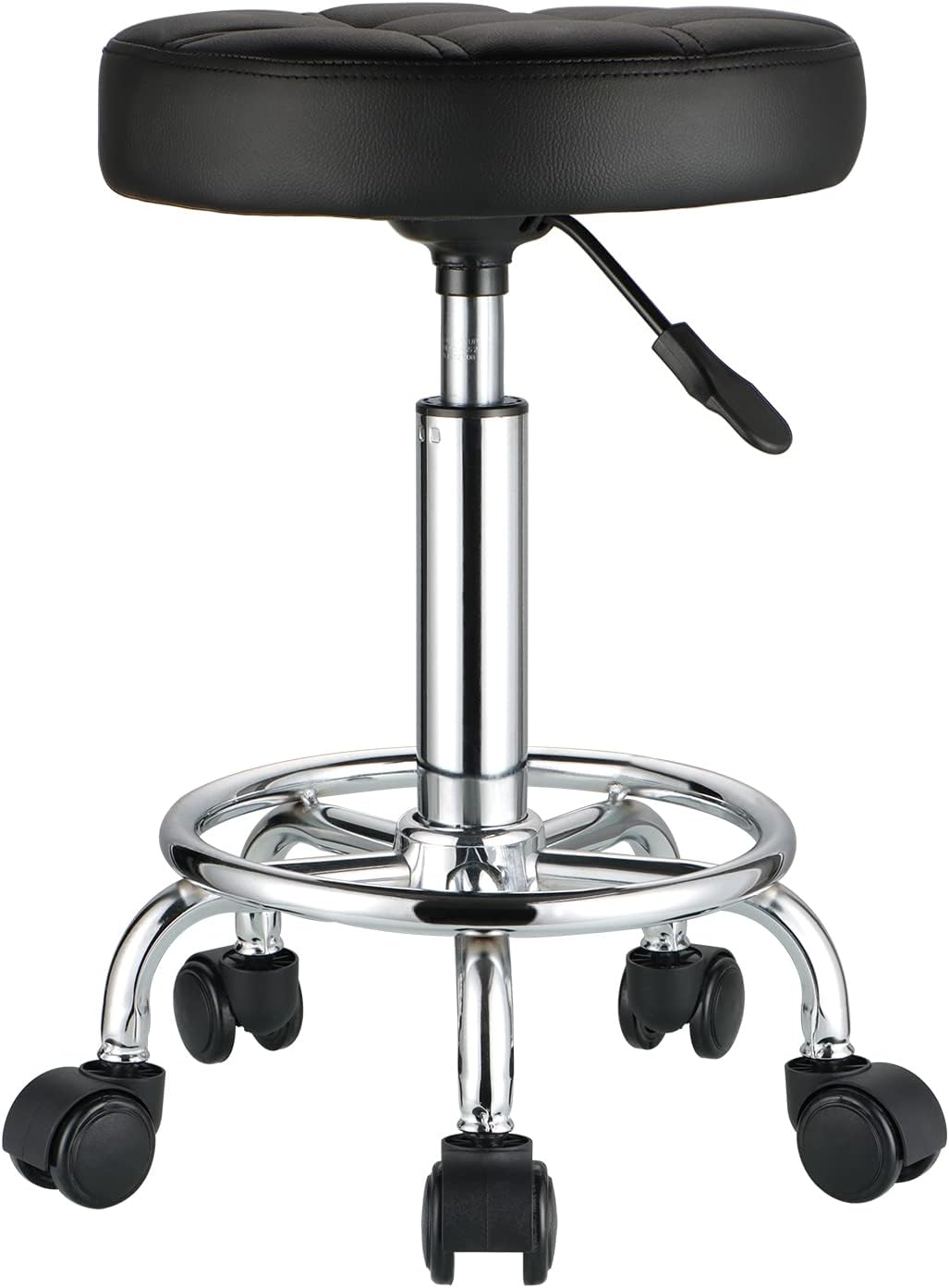 Round Rolling Stools PU Leather Seat Height Adjustable Swivel Stool with Wheels Black