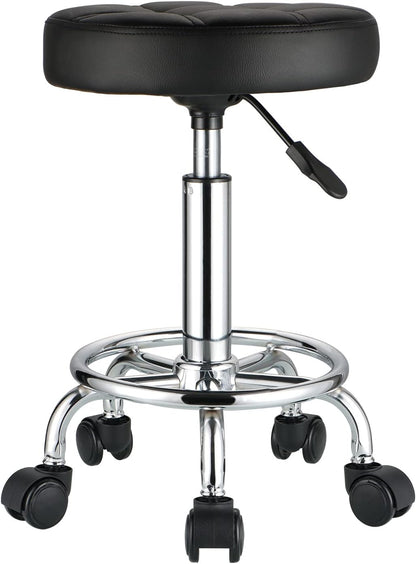 Round Rolling Stools PU Leather Seat Height Adjustable Swivel Stool with Wheels Black