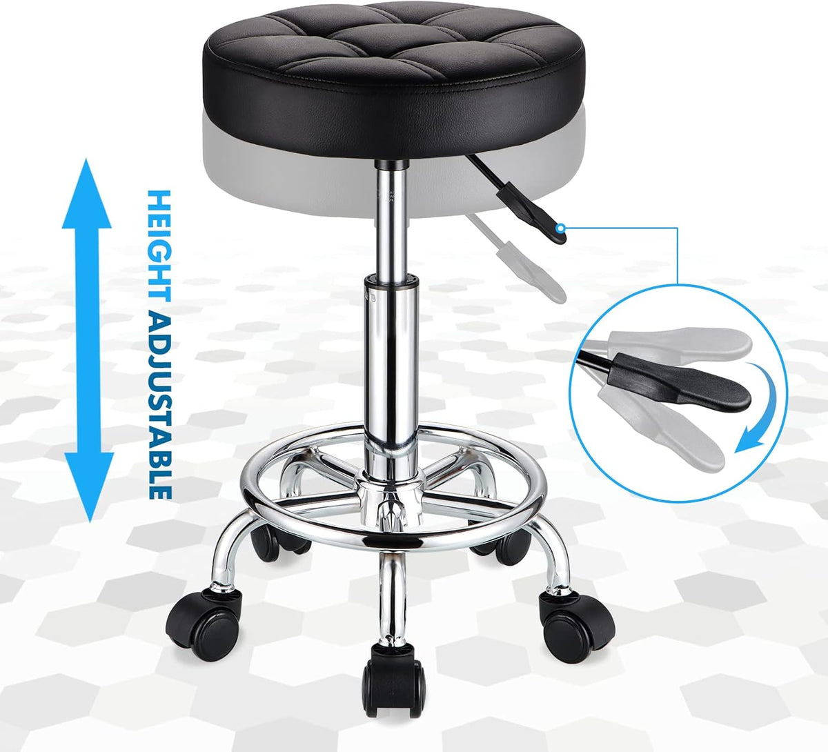 Round Rolling Stools PU Leather Seat Height Adjustable Swivel Stool with Wheels Black