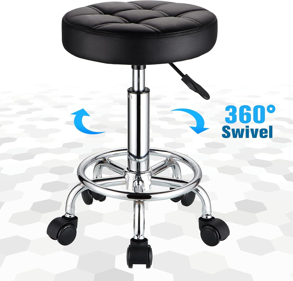 Round Rolling Stools PU Leather Seat Height Adjustable Swivel Stool with Wheels Black