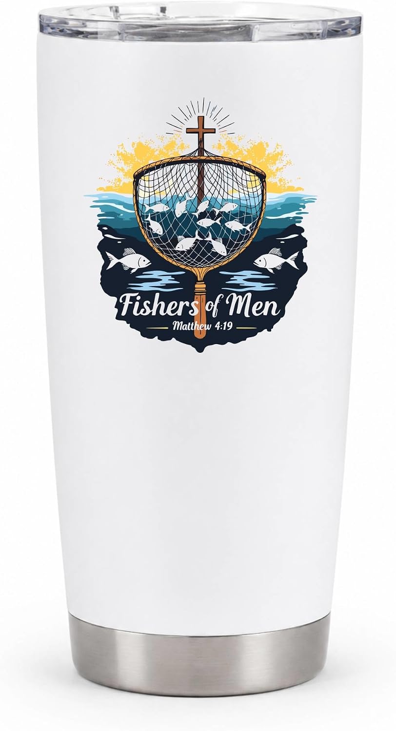 Fishers of Men Matthew 4:19 White 20oz Tumbler | Scriptural Fishing Motif for Believers Who Carry Faith Into Everyday Routines